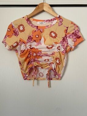 Women’s Small Top Pink Yellow Retro 70s Floral Ruched Crop Top